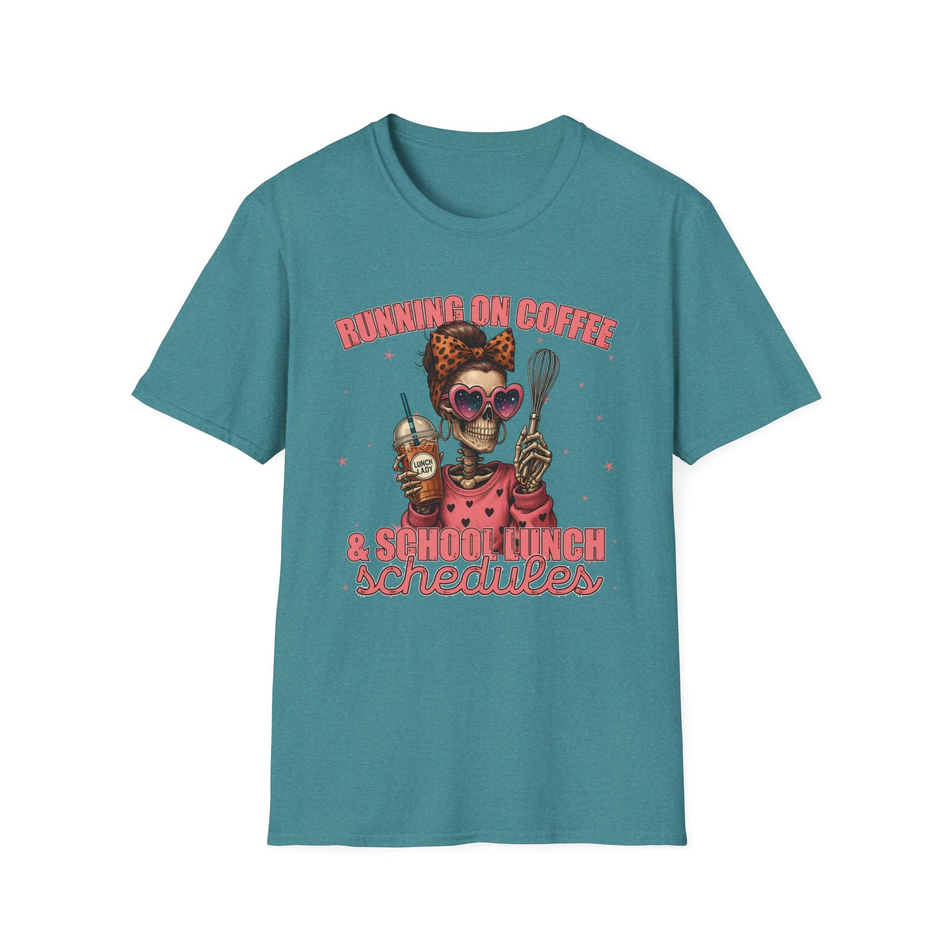 Funny Lunch Lady Unisex Softstyle T-Shirt - Running on Iced Coffee and School Lunch Schedules - Front Design Only