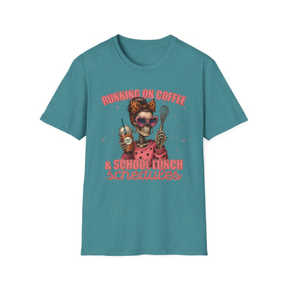 Funny Lunch Lady Unisex Softstyle T-Shirt - Running on Iced Coffee and School Lunch Schedules - Front Design Only
