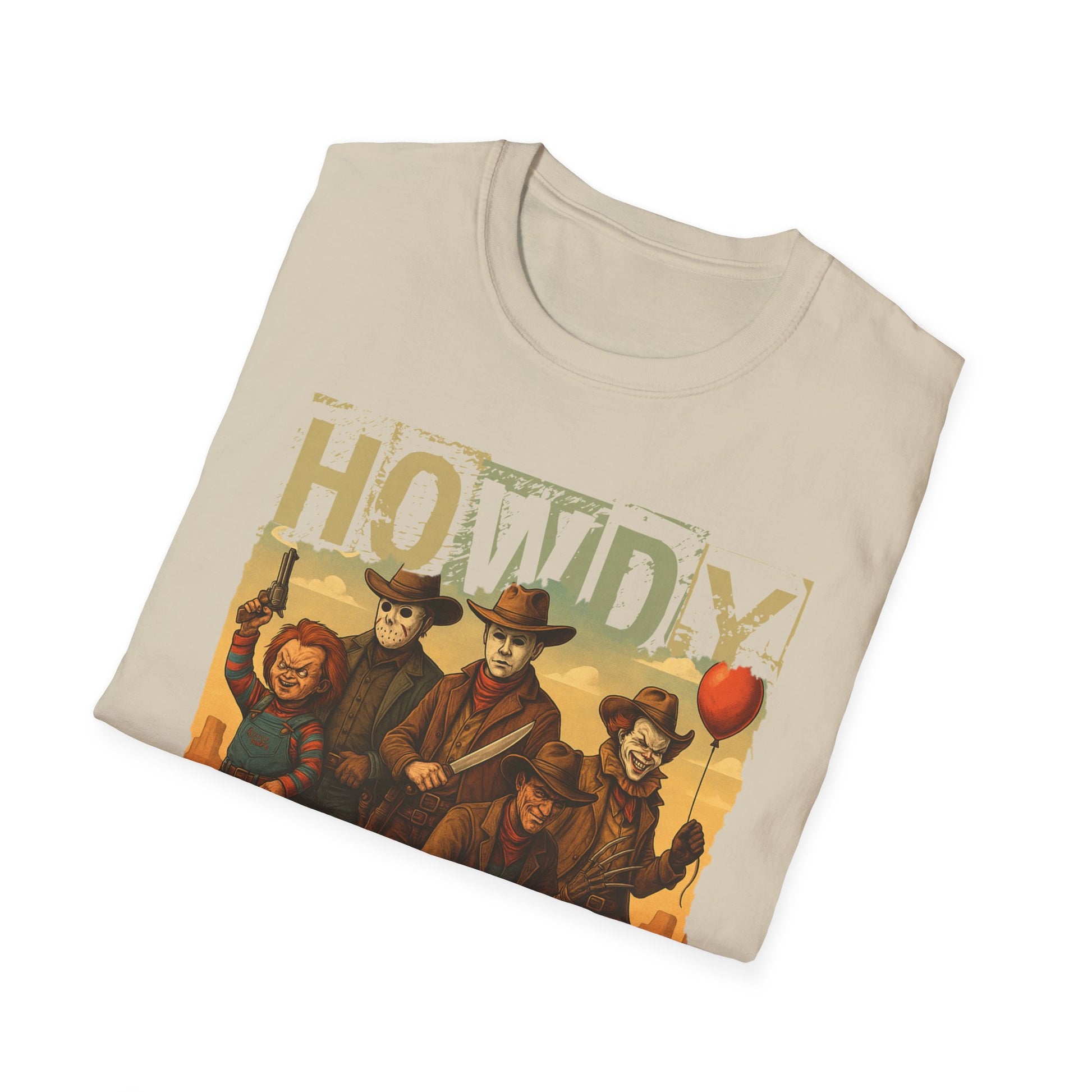 Horror Cowboys Unisex T-Shirt featuring Chucky, Jason, Michael Myers, Pennywise and Freddy