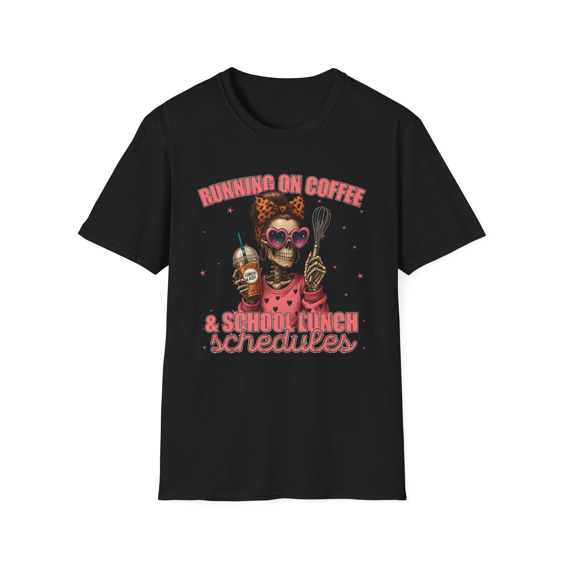 Funny Lunch Lady Unisex Softstyle T-Shirt - Running on Iced Coffee and School Lunch Schedules - Front Design Only