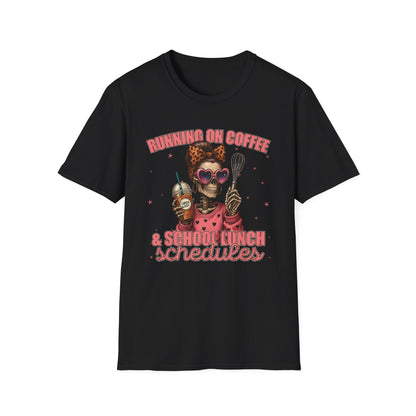 Funny Lunch Lady Unisex Softstyle T-Shirt - Running on Iced Coffee and School Lunch Schedules - Front Design Only