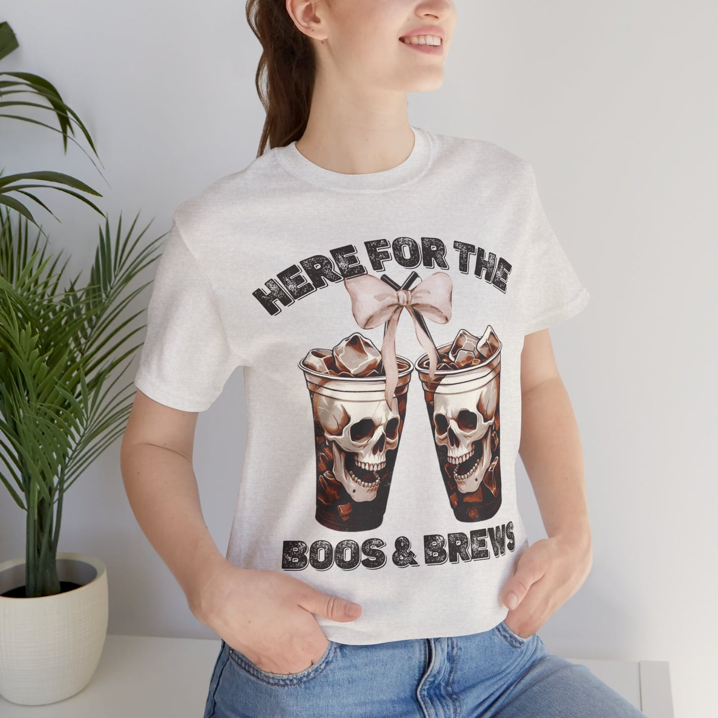 Halloween Skeleton Iced Coffee Tee - Here for the Boos and Brews