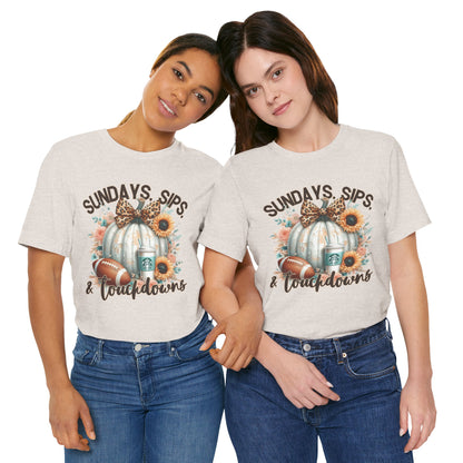 Football Tee - Sundays, Sips, & Touchdowns - Pumpkin, Latte, Sunflowers & Football