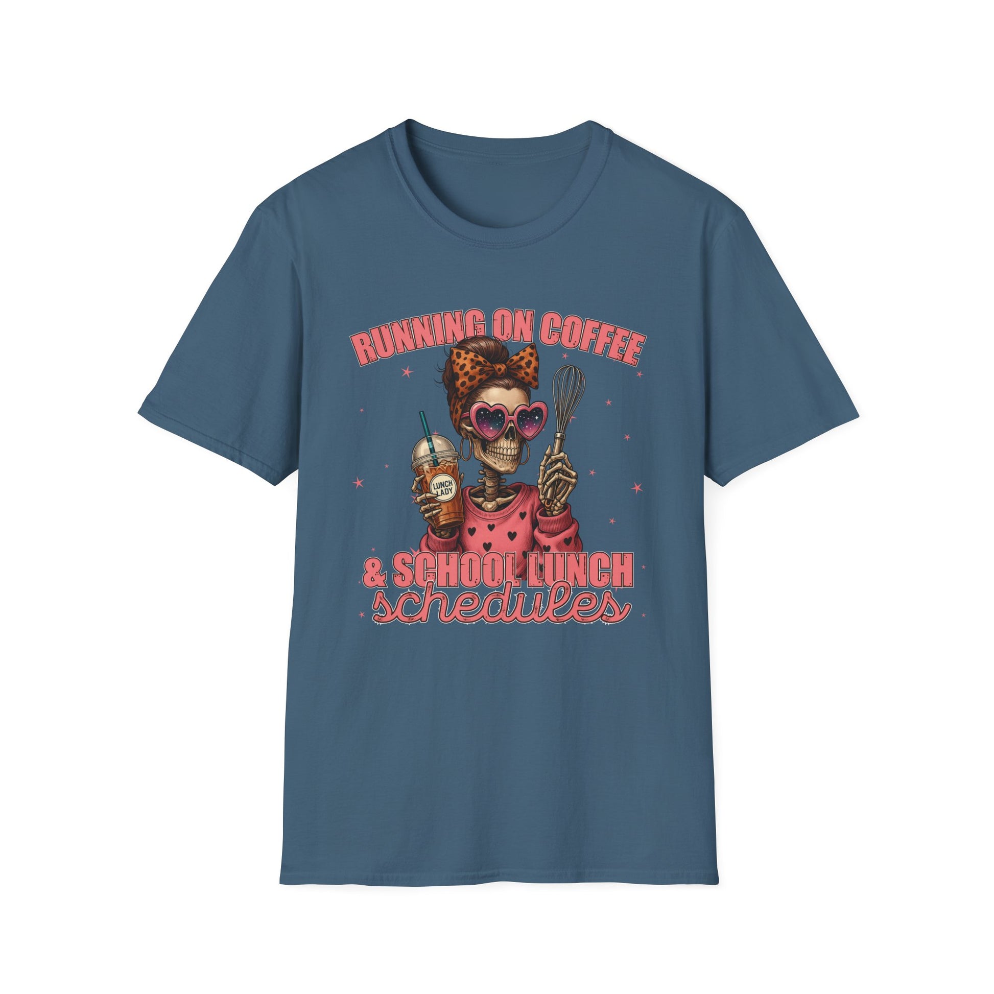 Funny Lunch Lady Unisex Softstyle T-Shirt - Running on Iced Coffee and School Lunch Schedules - Front Design Only