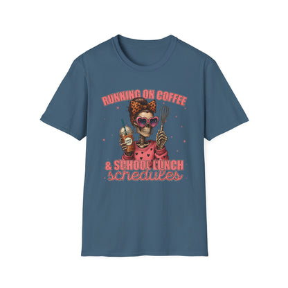 Funny Lunch Lady Unisex Softstyle T-Shirt - Running on Iced Coffee and School Lunch Schedules - Front Design Only