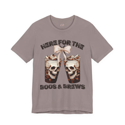 Halloween Skeleton Iced Coffee Tee - Here for the Boos and Brews