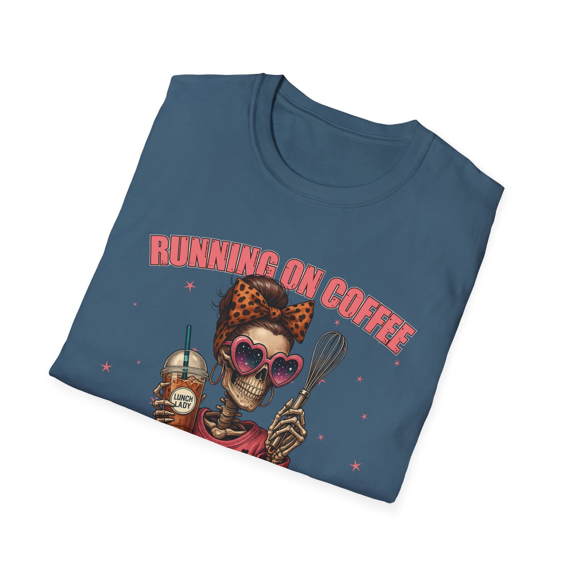 Funny Lunch Lady Unisex Softstyle T-Shirt - Running on Iced Coffee and School Lunch Schedules - Front Design Only