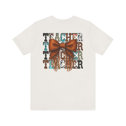 Western Style Teacher Tee with Fringe Bow Front & Back Design - Unisex Jersey Short Sleeve