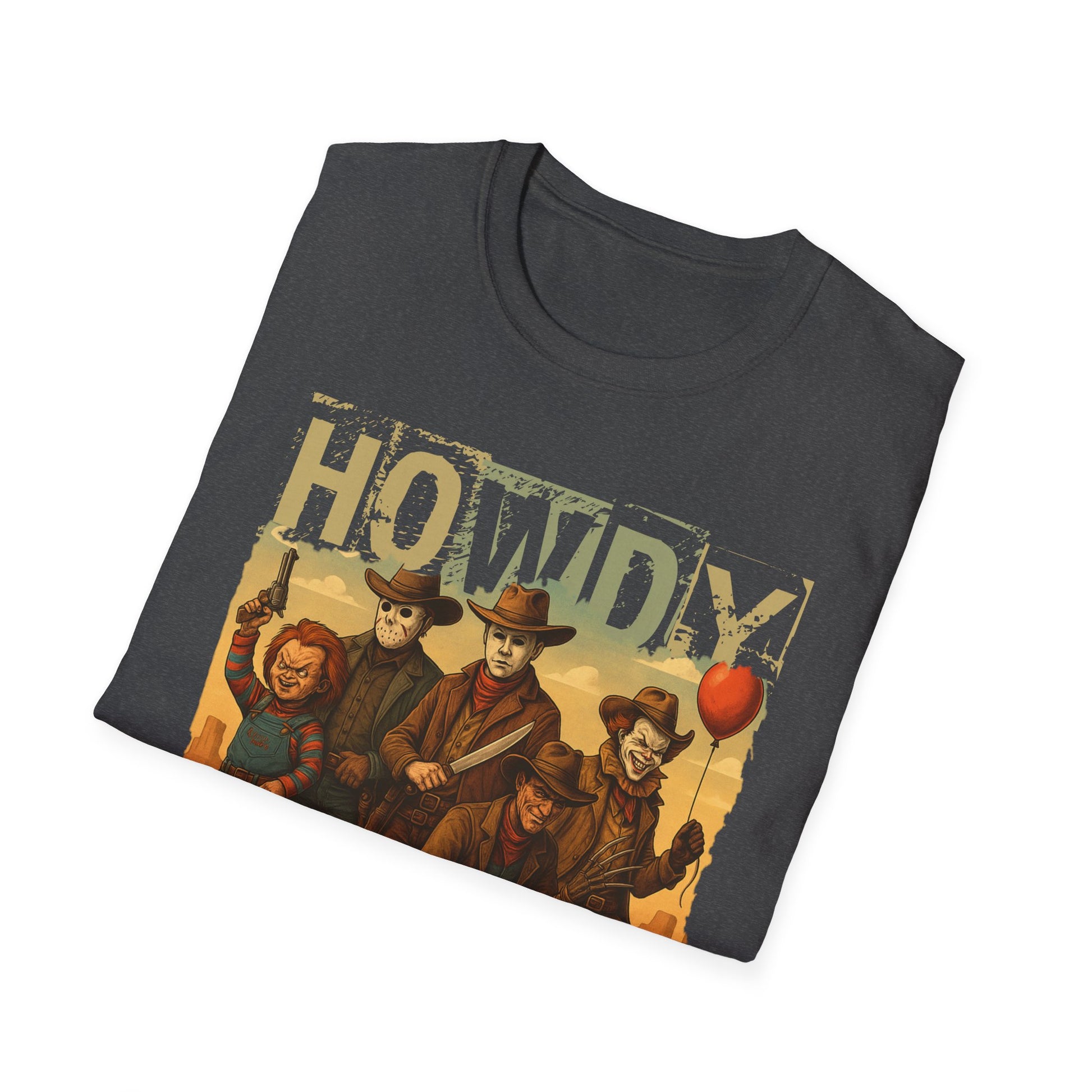 Horror Cowboys Unisex T-Shirt featuring Chucky, Jason, Michael Myers, Pennywise and Freddy
