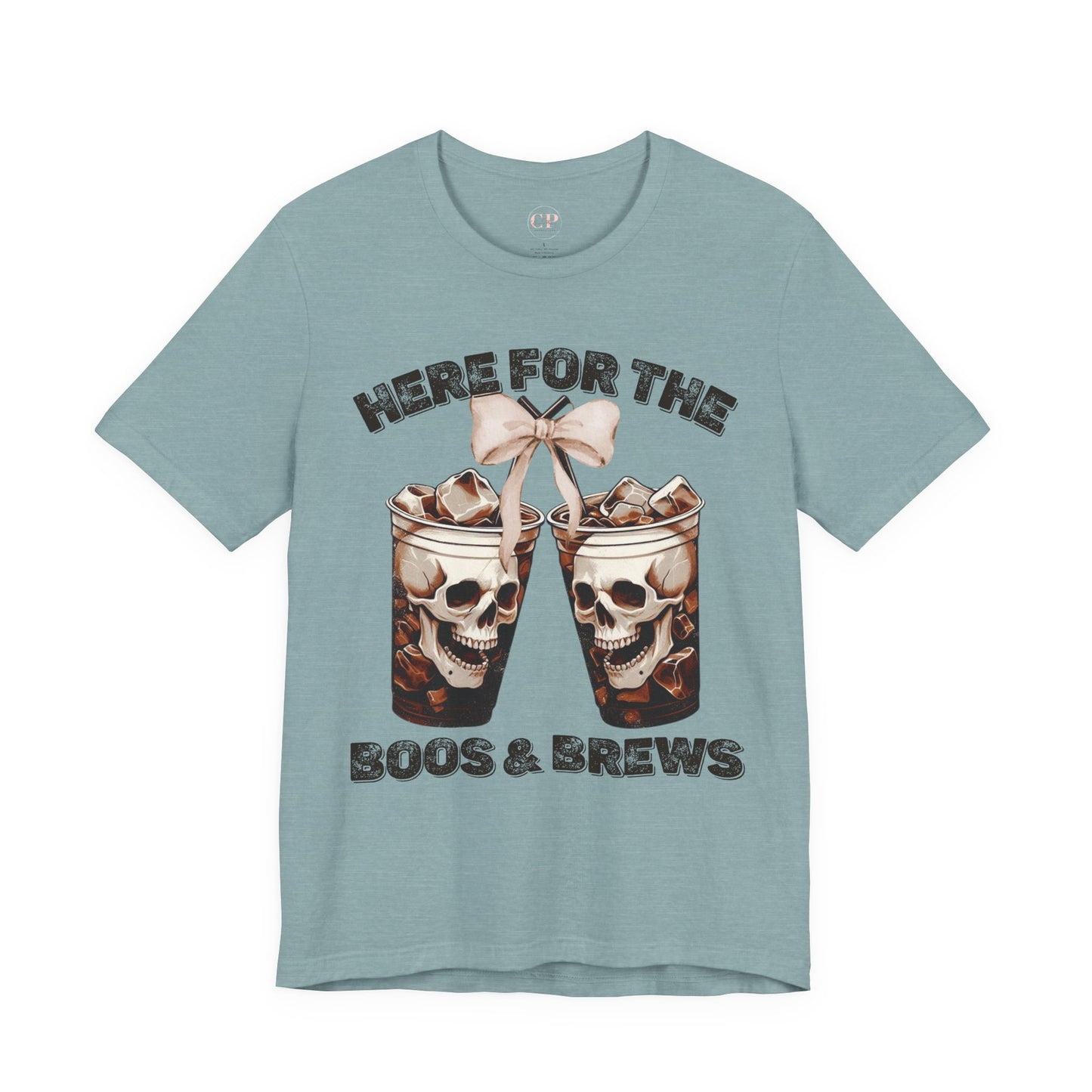 Halloween Skeleton Iced Coffee Tee - Here for the Boos and Brews