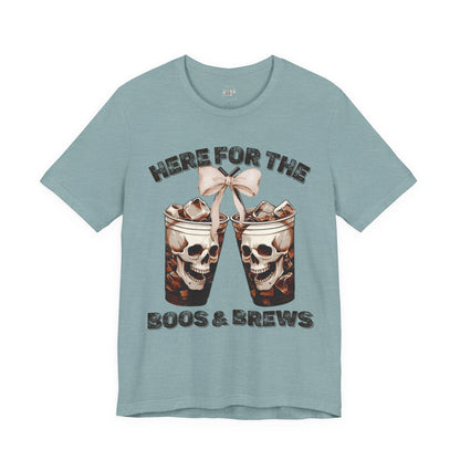 Halloween Skeleton Iced Coffee Tee - Here for the Boos and Brews