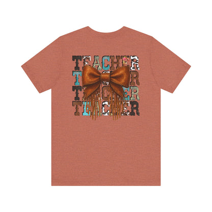 Western Style Teacher Tee with Fringe Bow Front & Back Design - Unisex Jersey Short Sleeve