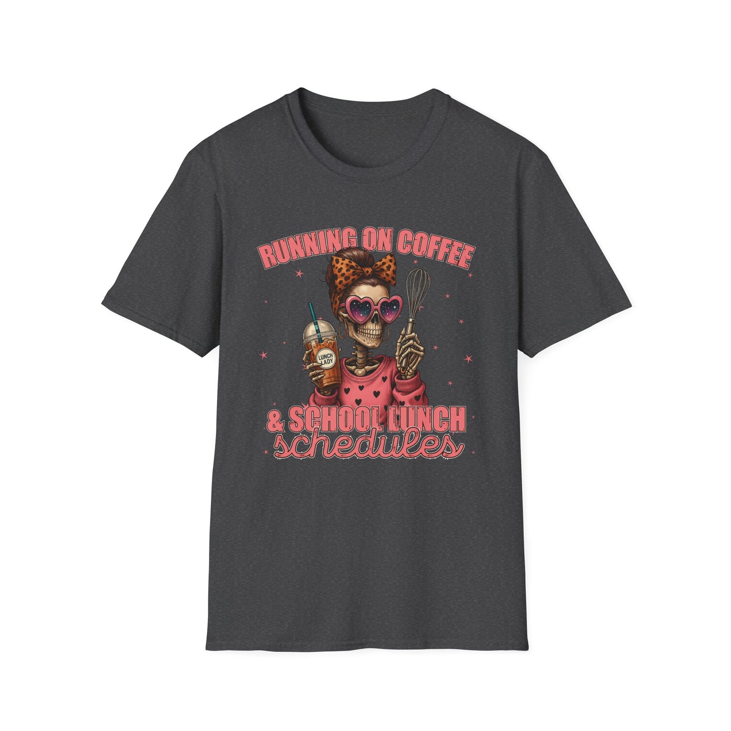 Funny Lunch Lady Unisex Softstyle T-Shirt - Running on Iced Coffee and School Lunch Schedules - Front Design Only
