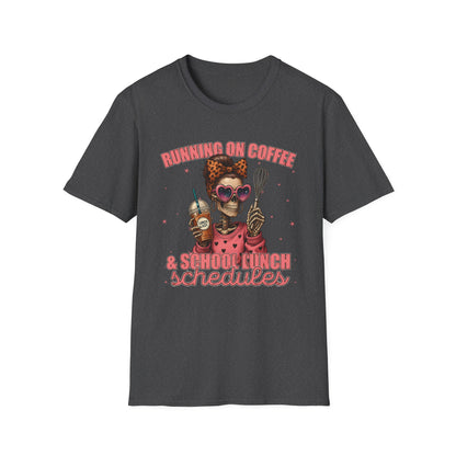 Funny Lunch Lady Unisex Softstyle T-Shirt - Running on Iced Coffee and School Lunch Schedules - Front Design Only