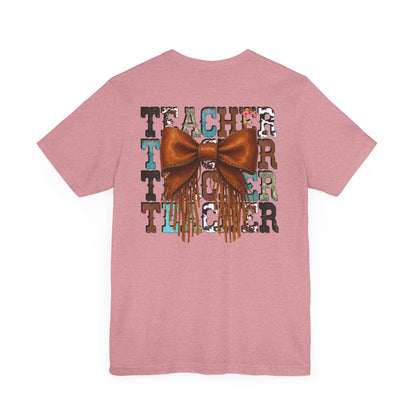 Western Style Teacher Tee with Fringe Bow Front & Back Design - Unisex Jersey Short Sleeve