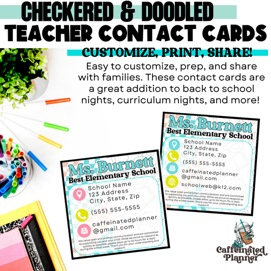Checkered & Doodled: Teacher Contact Cards | Canva Template
