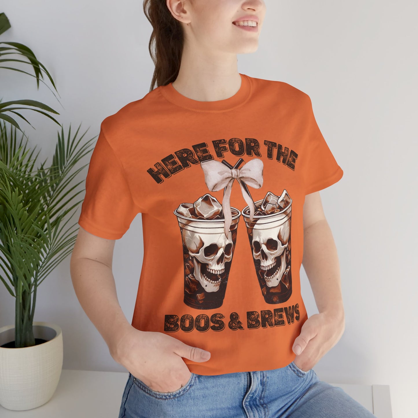 Halloween Skeleton Iced Coffee Tee - Here for the Boos and Brews