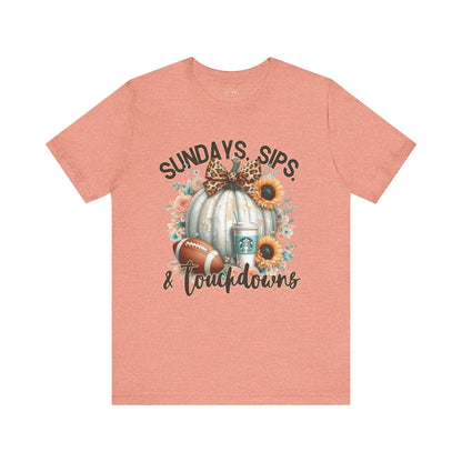 Football Tee - Sundays, Sips, & Touchdowns - Pumpkin, Latte, Sunflowers & Football