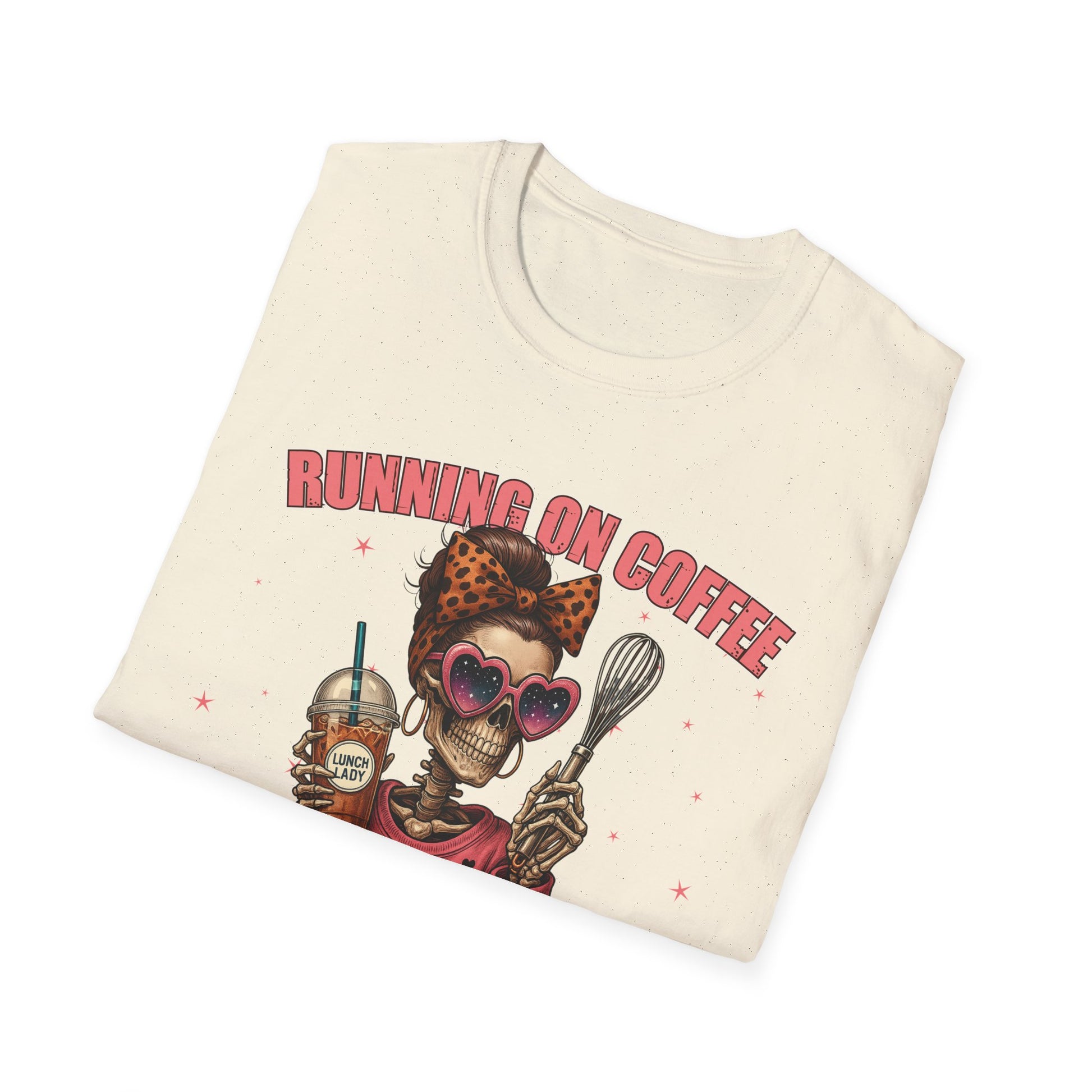 Funny Lunch Lady Unisex Softstyle T-Shirt - Running on Iced Coffee and School Lunch Schedules - Front Design Only