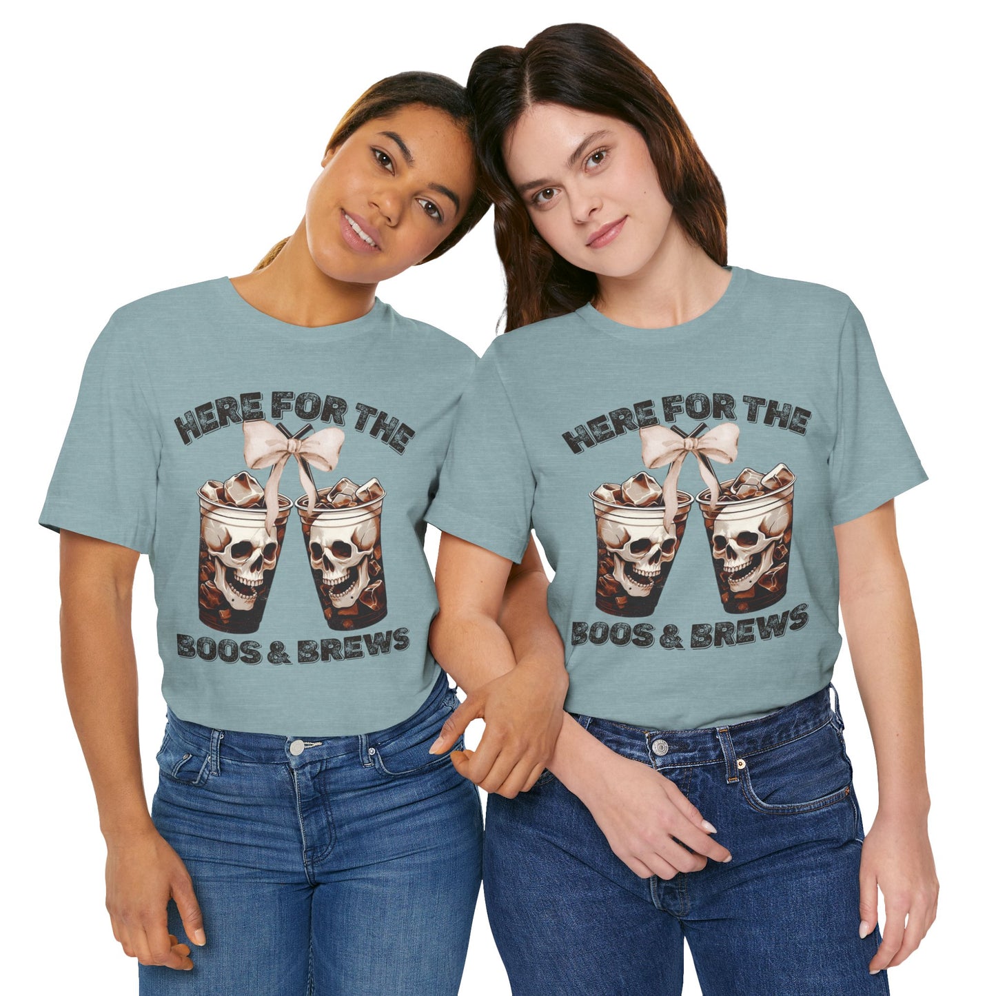 Halloween Skeleton Iced Coffee Tee - Here for the Boos and Brews