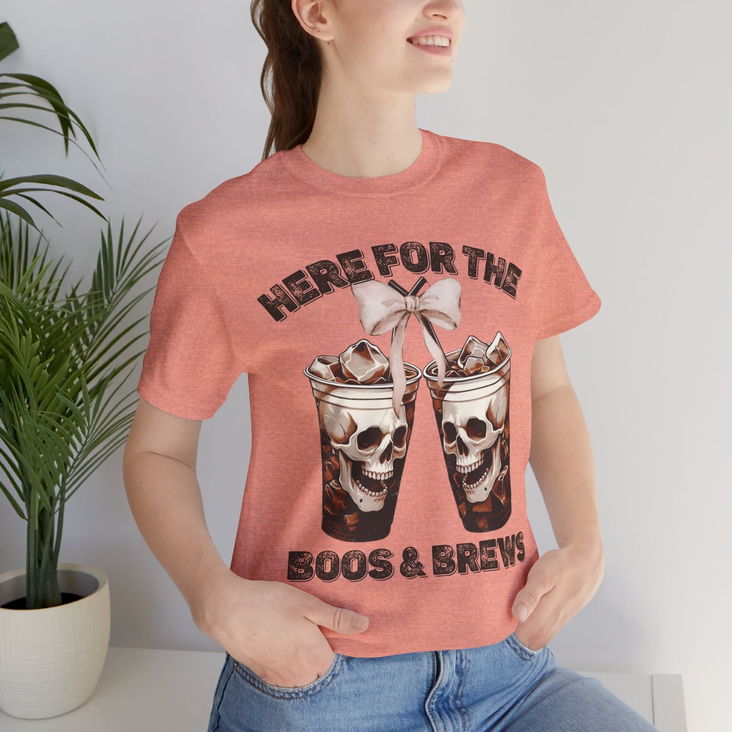 Halloween Skeleton Iced Coffee Tee - Here for the Boos and Brews