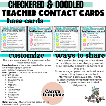 Checkered & Doodled: Teacher Contact Cards | Canva Template