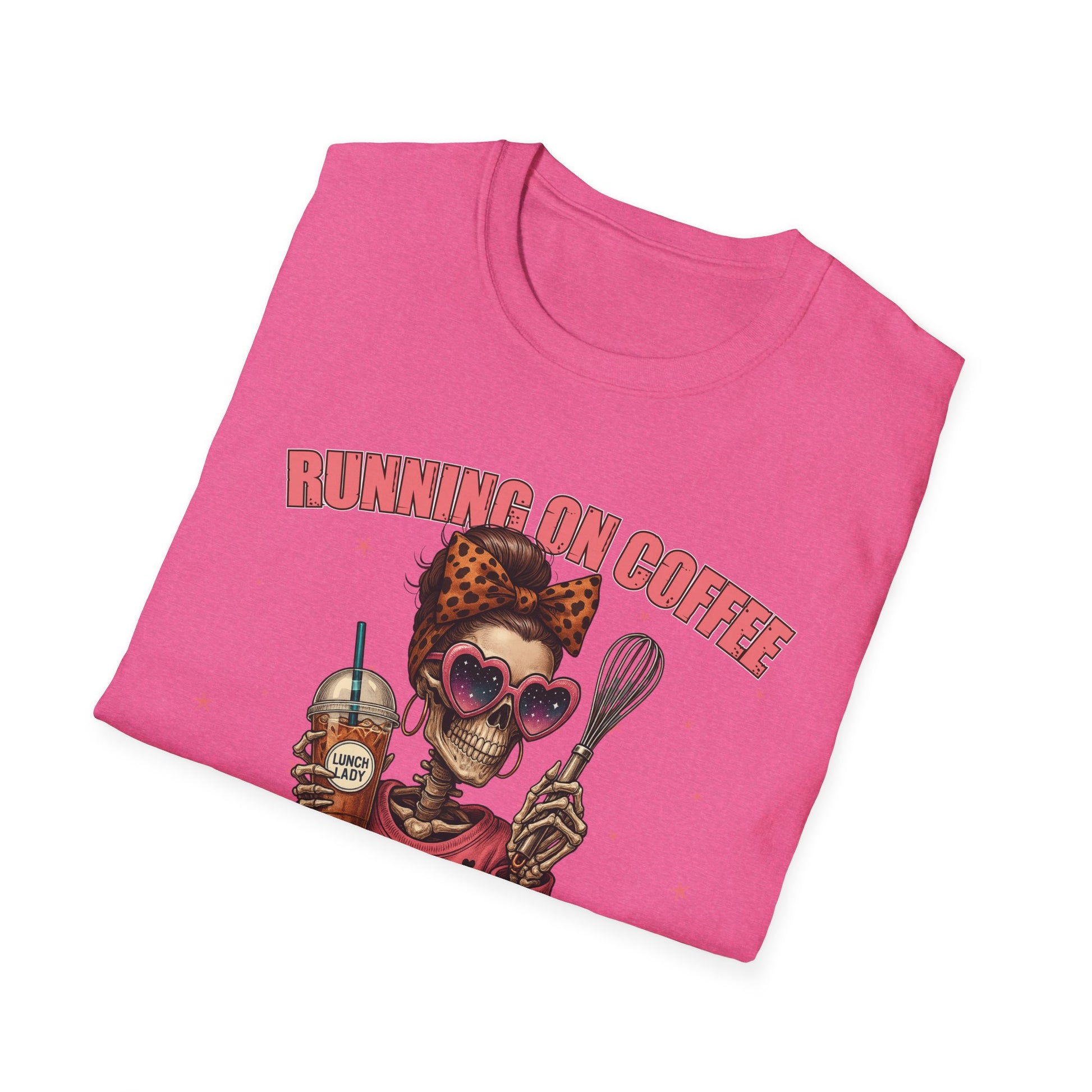 Funny Lunch Lady Unisex Softstyle T-Shirt - Running on Iced Coffee and School Lunch Schedules - Front Design Only