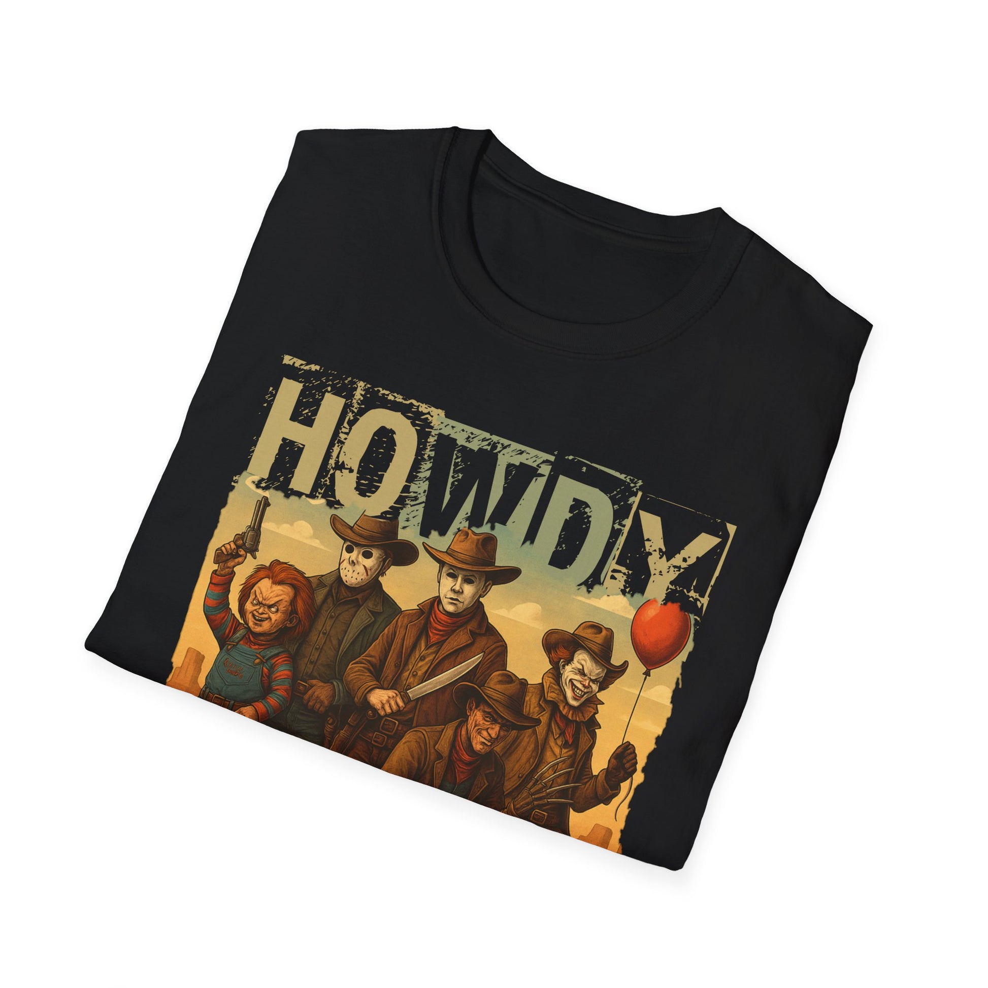 Horror Cowboys Unisex T-Shirt featuring Chucky, Jason, Michael Myers, Pennywise and Freddy