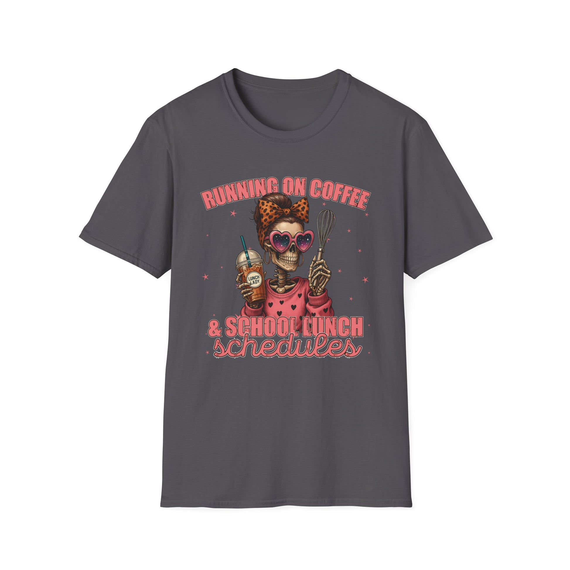 Funny Lunch Lady Unisex Softstyle T-Shirt - Running on Iced Coffee and School Lunch Schedules - Front Design Only