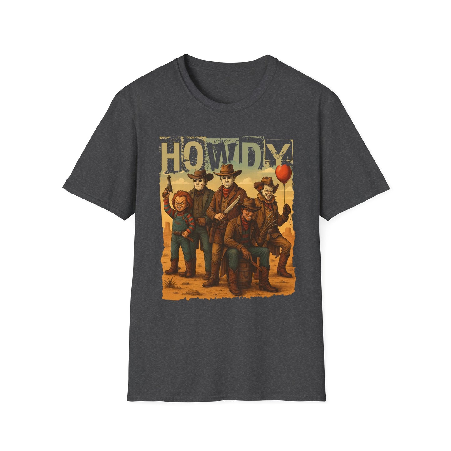 Horror Cowboys Unisex T-Shirt featuring Chucky, Jason, Michael Myers, Pennywise and Freddy