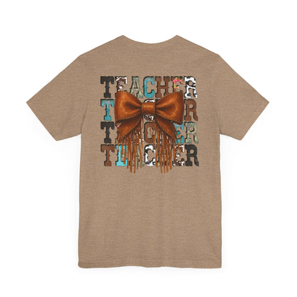 Western Style Teacher Tee with Fringe Bow Front & Back Design - Unisex Jersey Short Sleeve