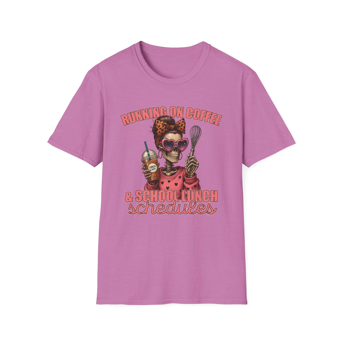 Funny Lunch Lady Unisex Softstyle T-Shirt - Running on Iced Coffee and School Lunch Schedules - Front Design Only