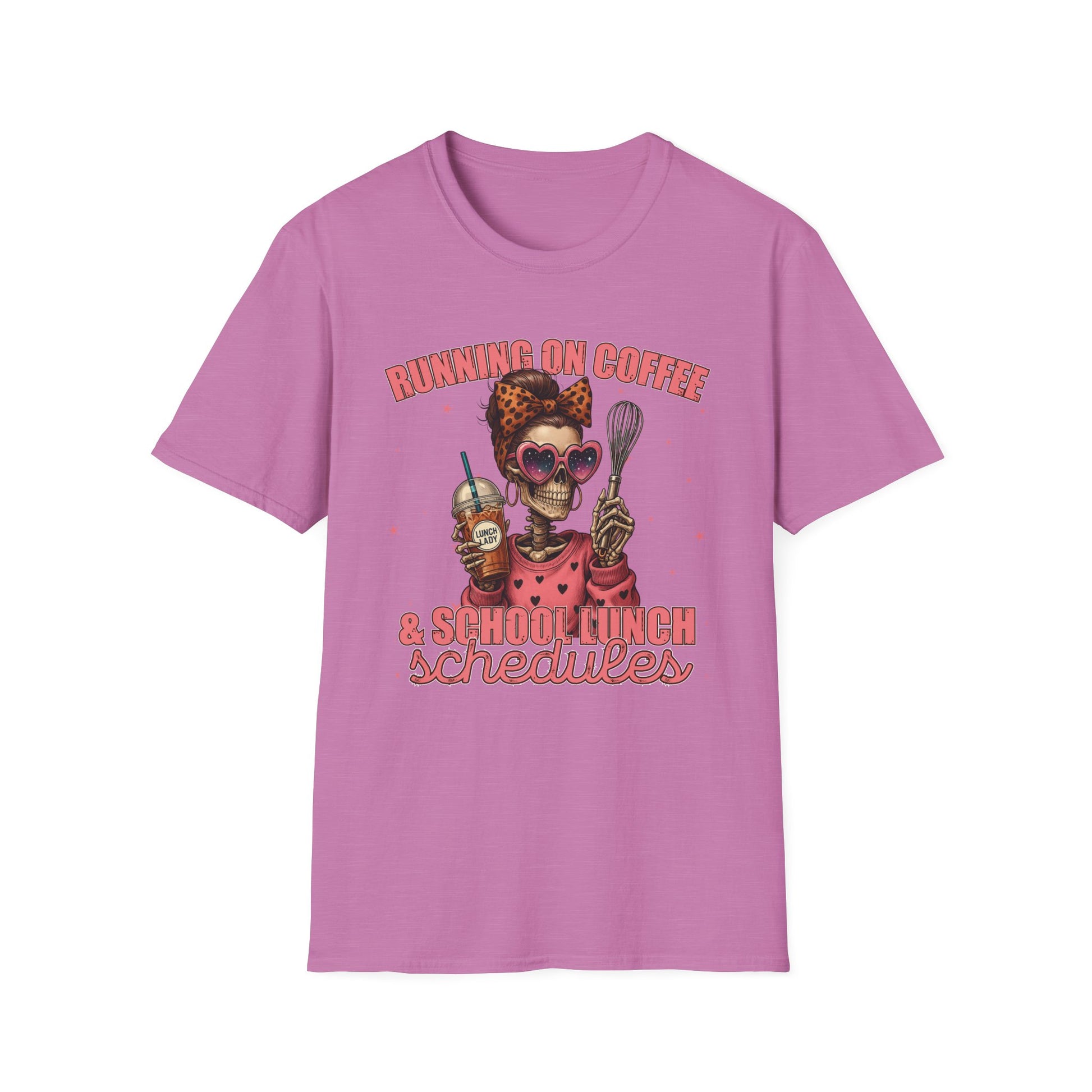 Funny Lunch Lady Unisex Softstyle T-Shirt - Running on Iced Coffee and School Lunch Schedules - Front Design Only