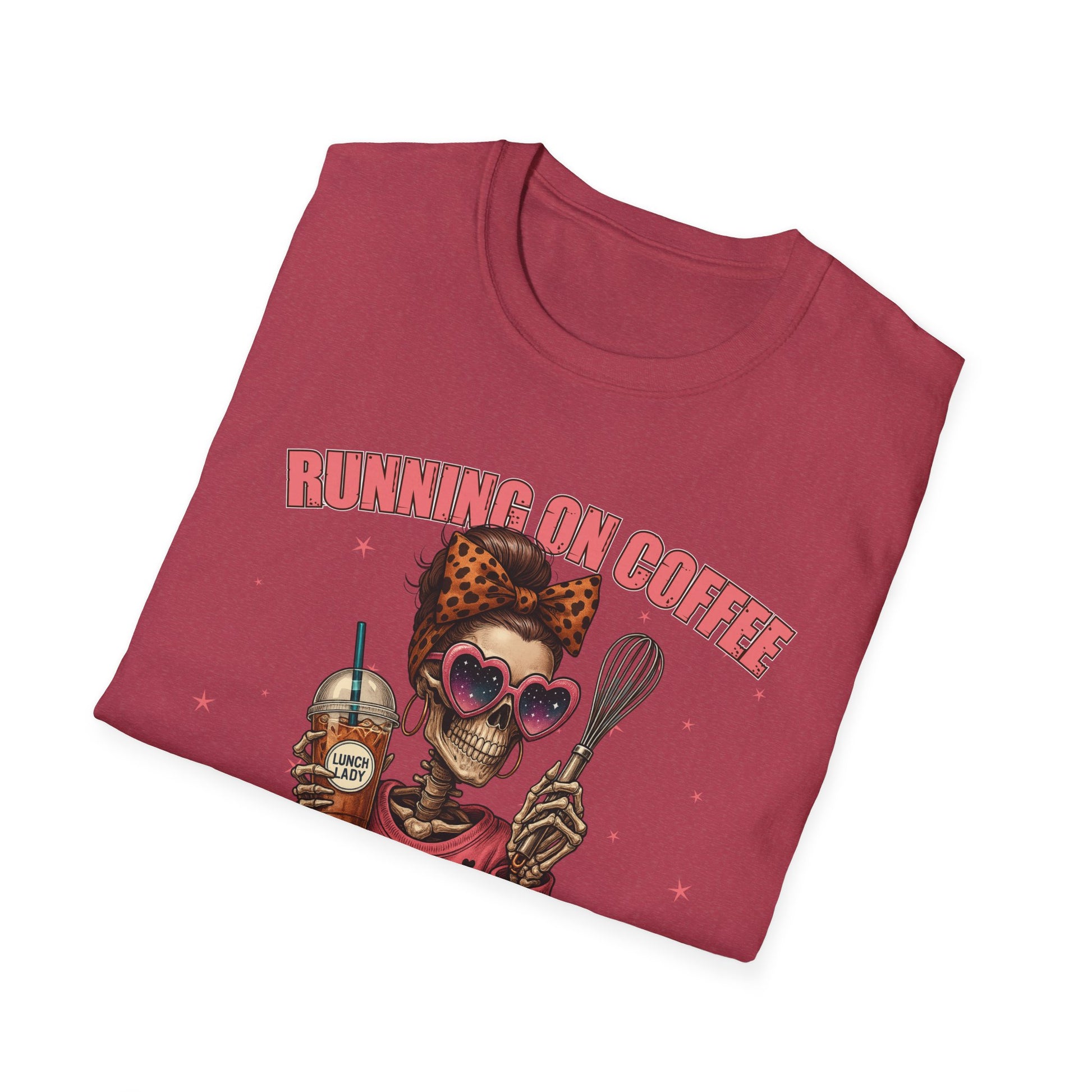 Funny Lunch Lady Unisex Softstyle T-Shirt - Running on Iced Coffee and School Lunch Schedules - Front Design Only