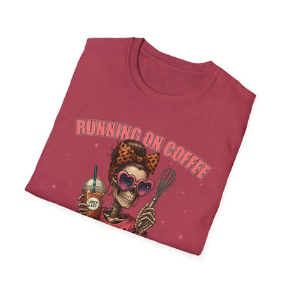 Funny Lunch Lady Unisex Softstyle T-Shirt - Running on Iced Coffee and School Lunch Schedules - Front Design Only