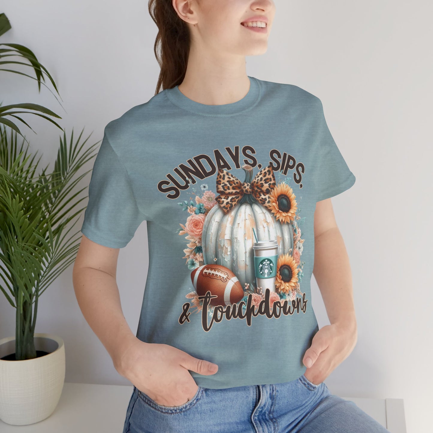Football Tee - Sundays, Sips, & Touchdowns - Pumpkin, Latte, Sunflowers & Football