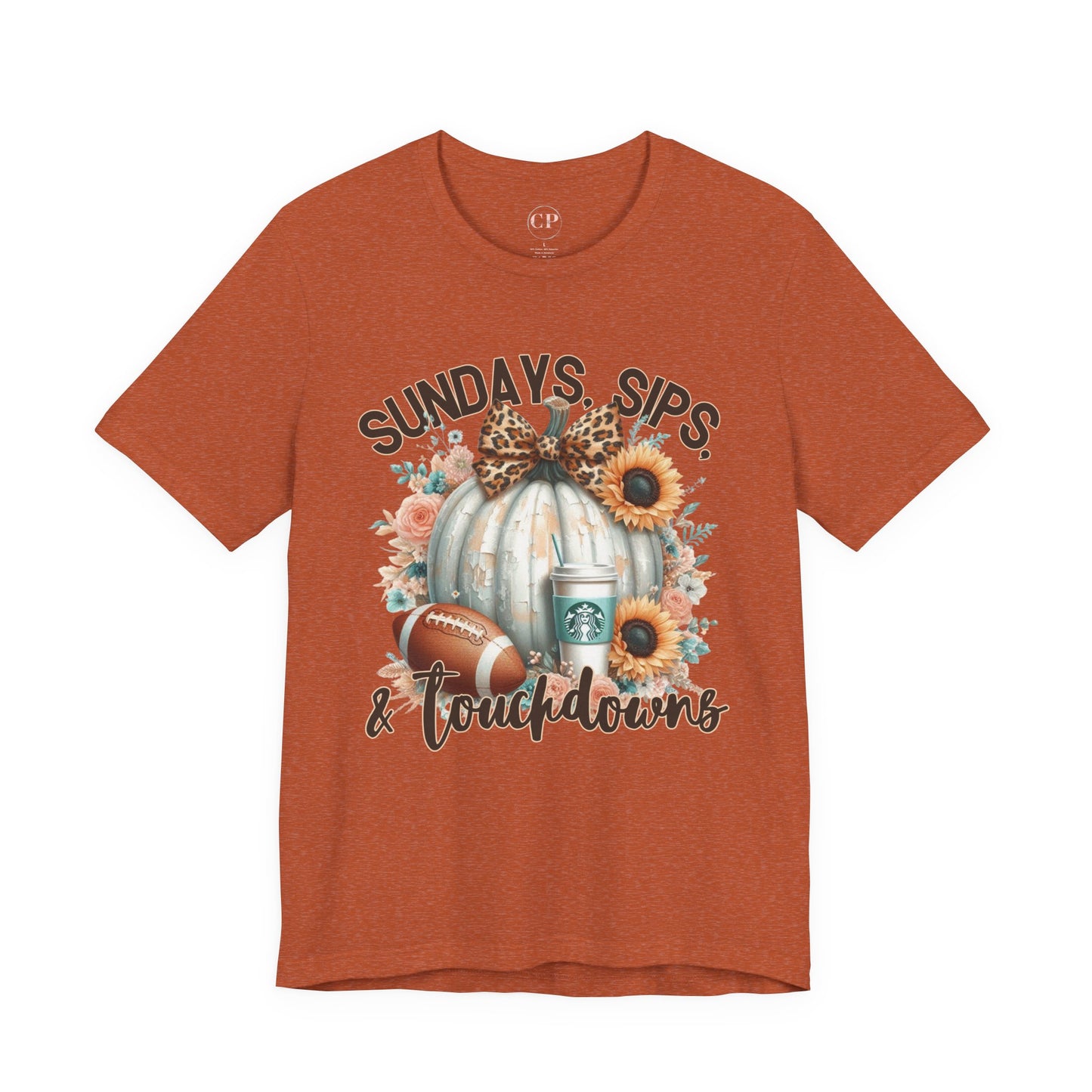 Football Tee - Sundays, Sips, & Touchdowns - Pumpkin, Latte, Sunflowers & Football