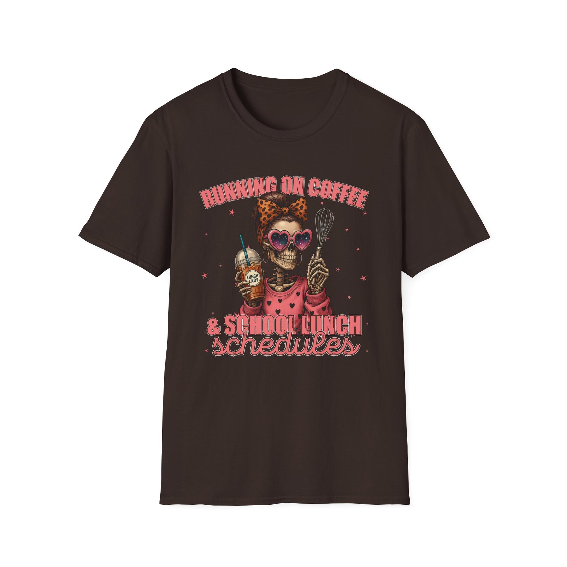 Funny Lunch Lady Unisex Softstyle T-Shirt - Running on Iced Coffee and School Lunch Schedules - Front Design Only