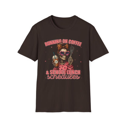 Funny Lunch Lady Unisex Softstyle T-Shirt - Running on Iced Coffee and School Lunch Schedules - Front Design Only
