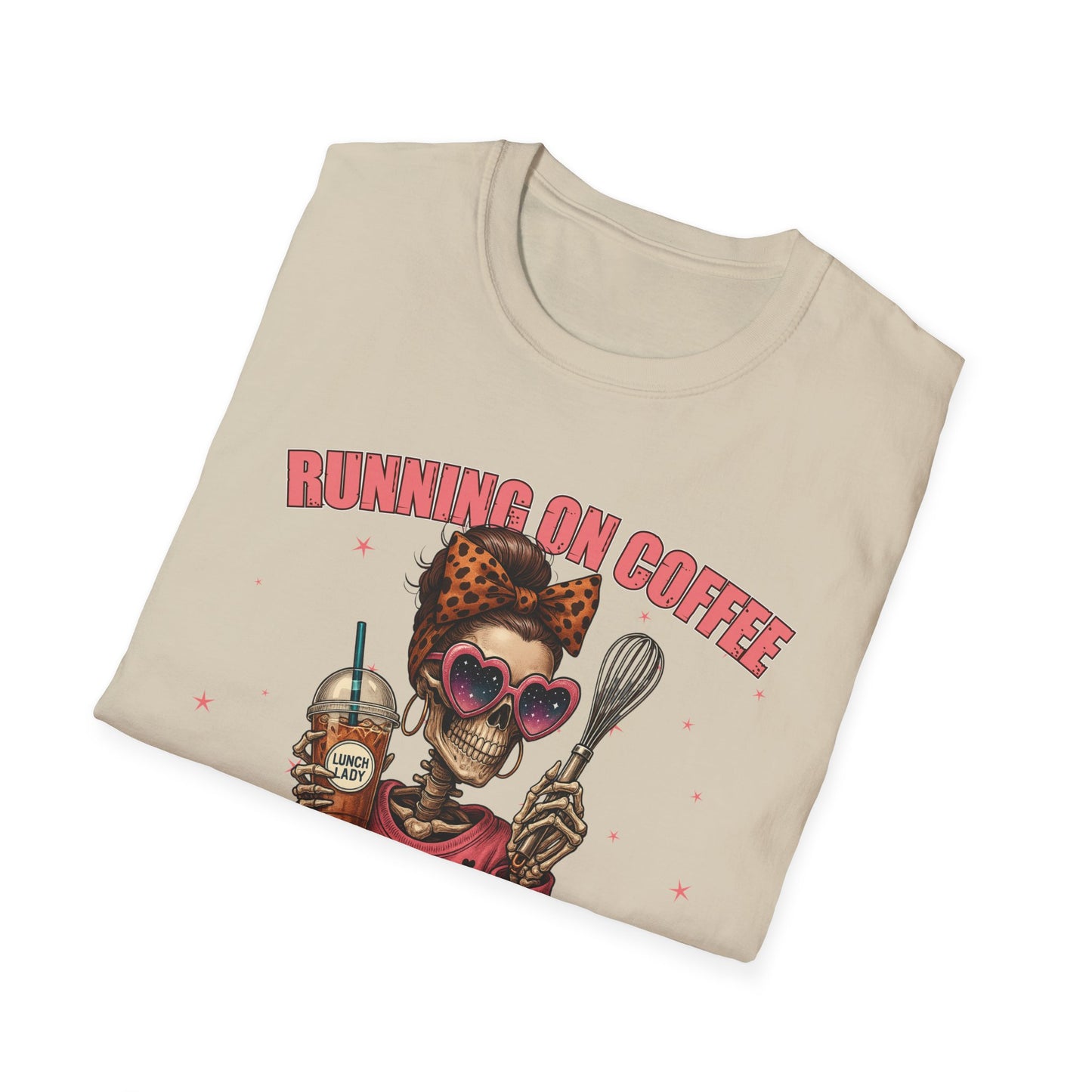 Funny Lunch Lady Unisex Softstyle T-Shirt - Running on Iced Coffee and School Lunch Schedules - Front Design Only