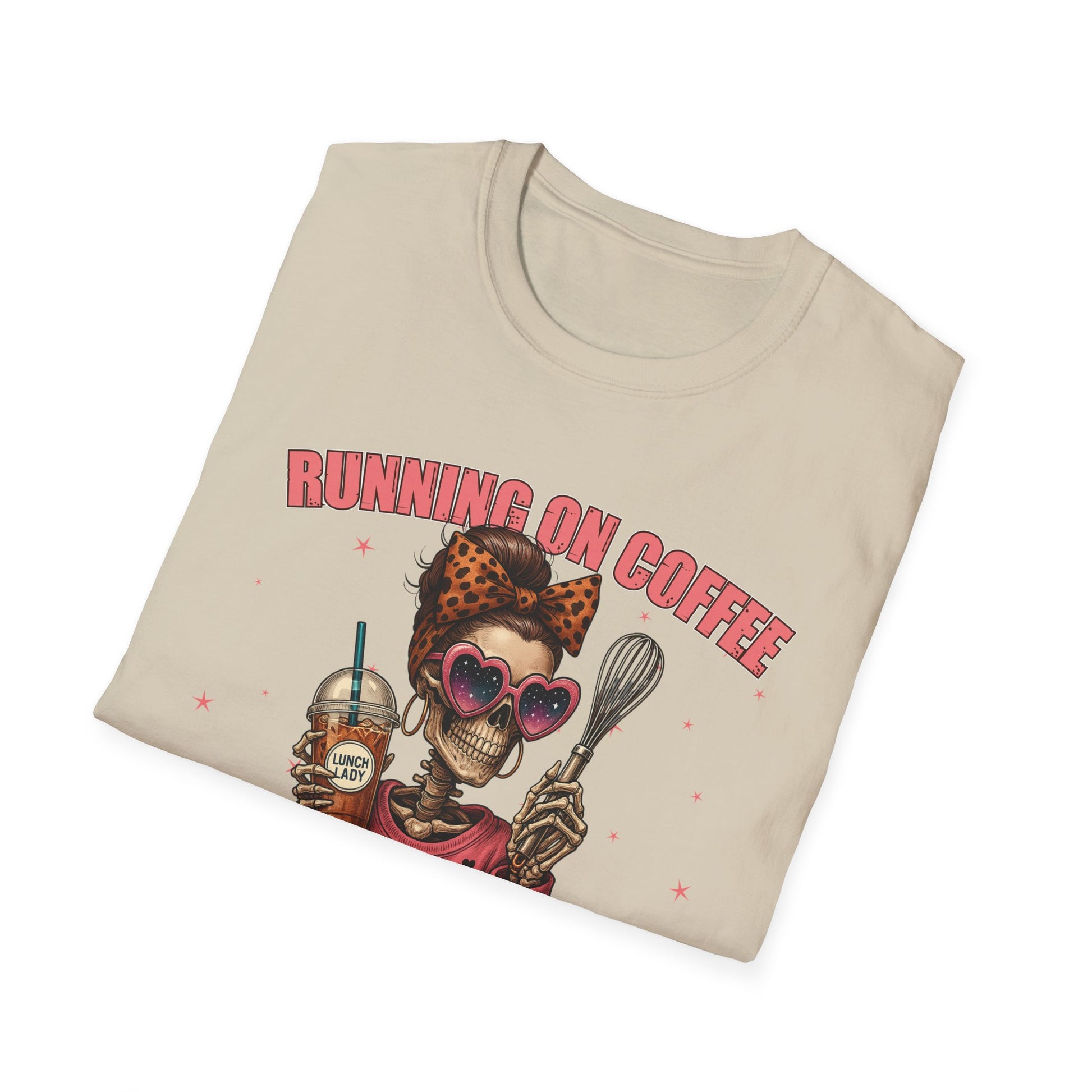 Funny Lunch Lady Unisex Softstyle T-Shirt - Running on Iced Coffee and School Lunch Schedules - Front Design Only