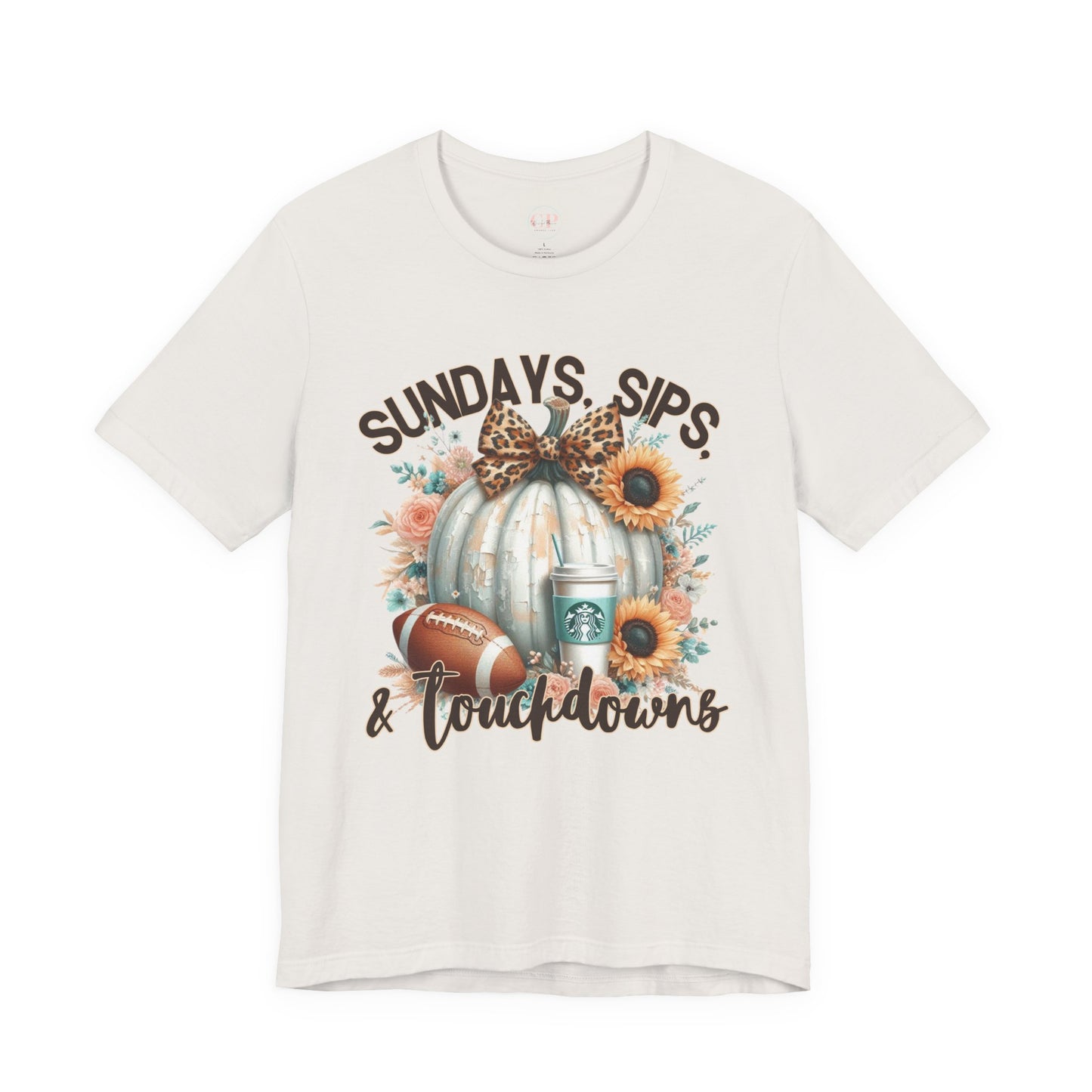 Football Tee - Sundays, Sips, & Touchdowns - Pumpkin, Latte, Sunflowers & Football