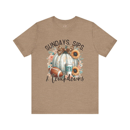 Football Tee - Sundays, Sips, & Touchdowns - Pumpkin, Latte, Sunflowers & Football