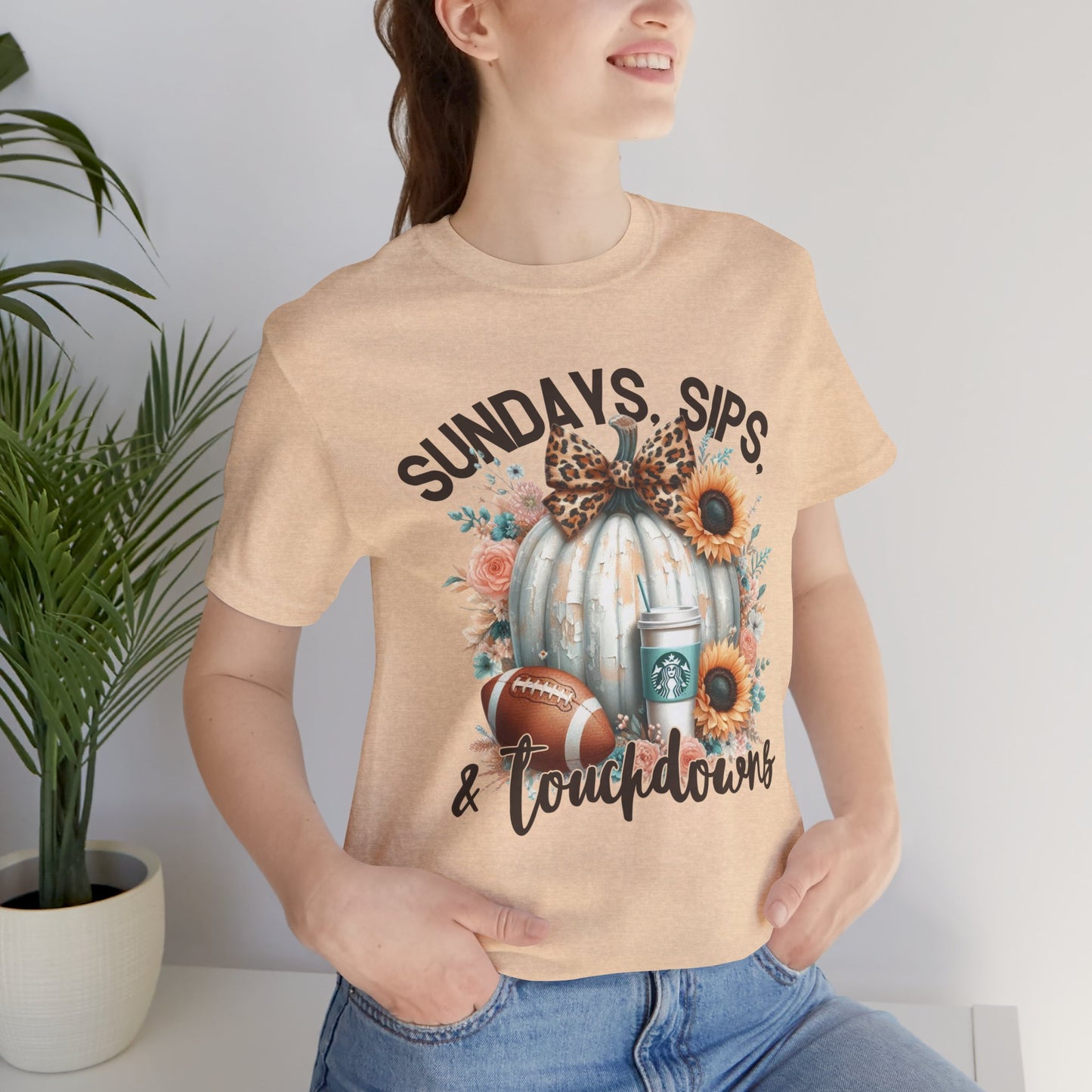 Football Tee - Sundays, Sips, & Touchdowns - Pumpkin, Latte, Sunflowers & Football