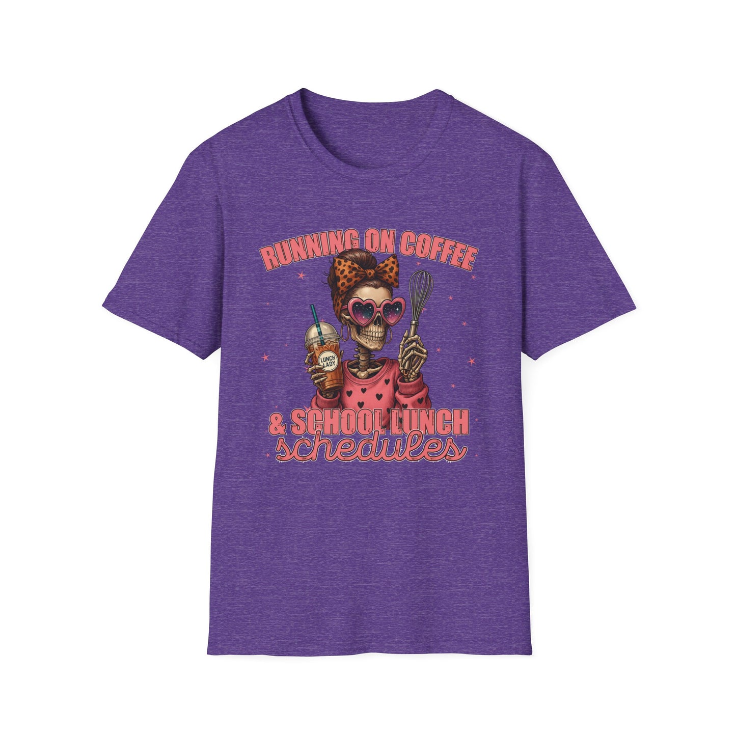 Funny Lunch Lady Unisex Softstyle T-Shirt - Running on Iced Coffee and School Lunch Schedules - Front Design Only