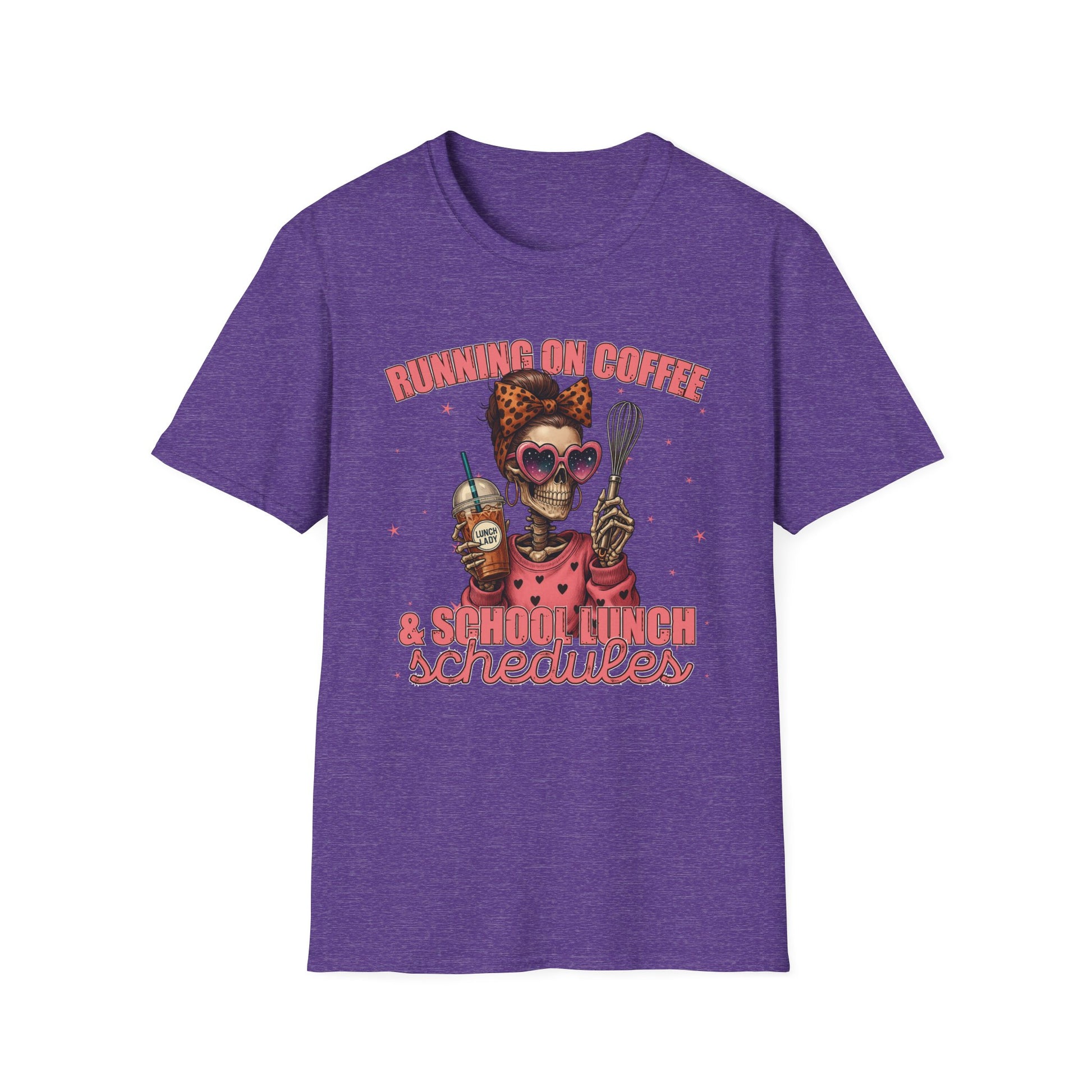 Funny Lunch Lady Unisex Softstyle T-Shirt - Running on Iced Coffee and School Lunch Schedules - Front Design Only