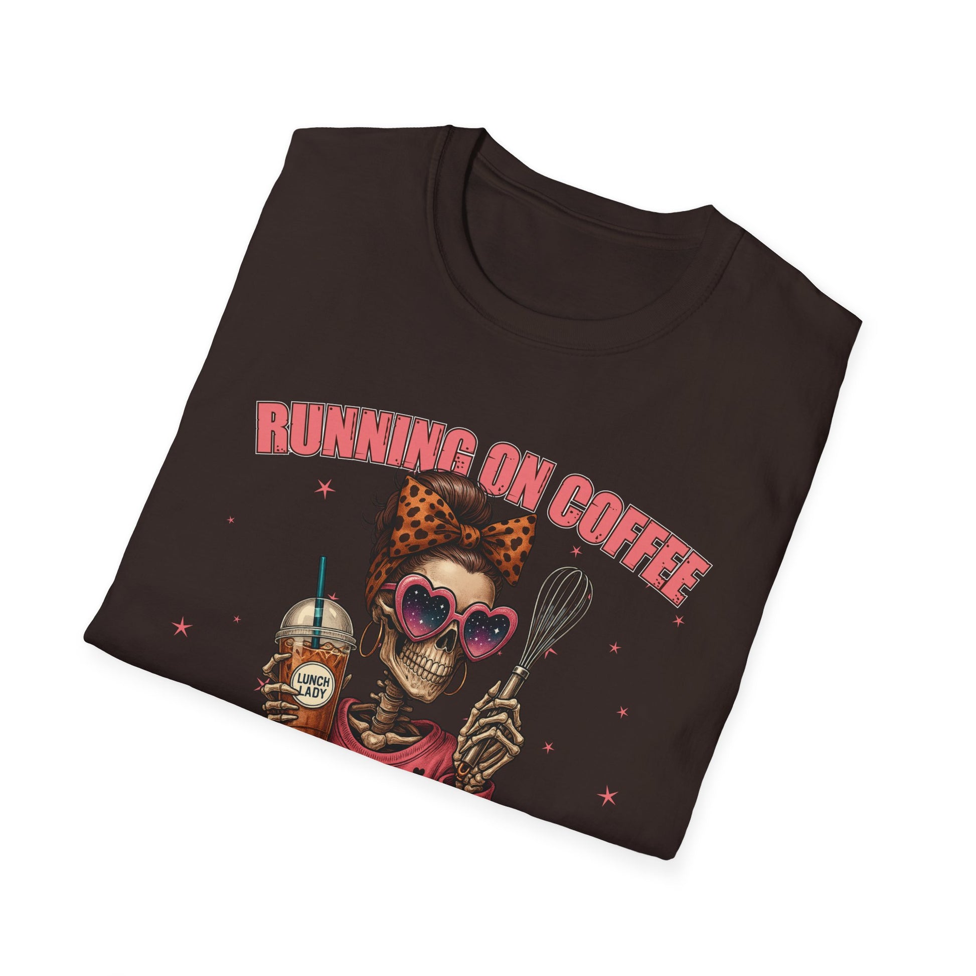 Funny Lunch Lady Unisex Softstyle T-Shirt - Running on Iced Coffee and School Lunch Schedules - Front Design Only