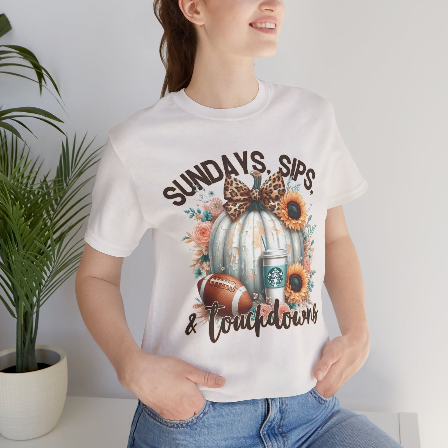 Football Tee - Sundays, Sips, & Touchdowns - Pumpkin, Latte, Sunflowers & Football
