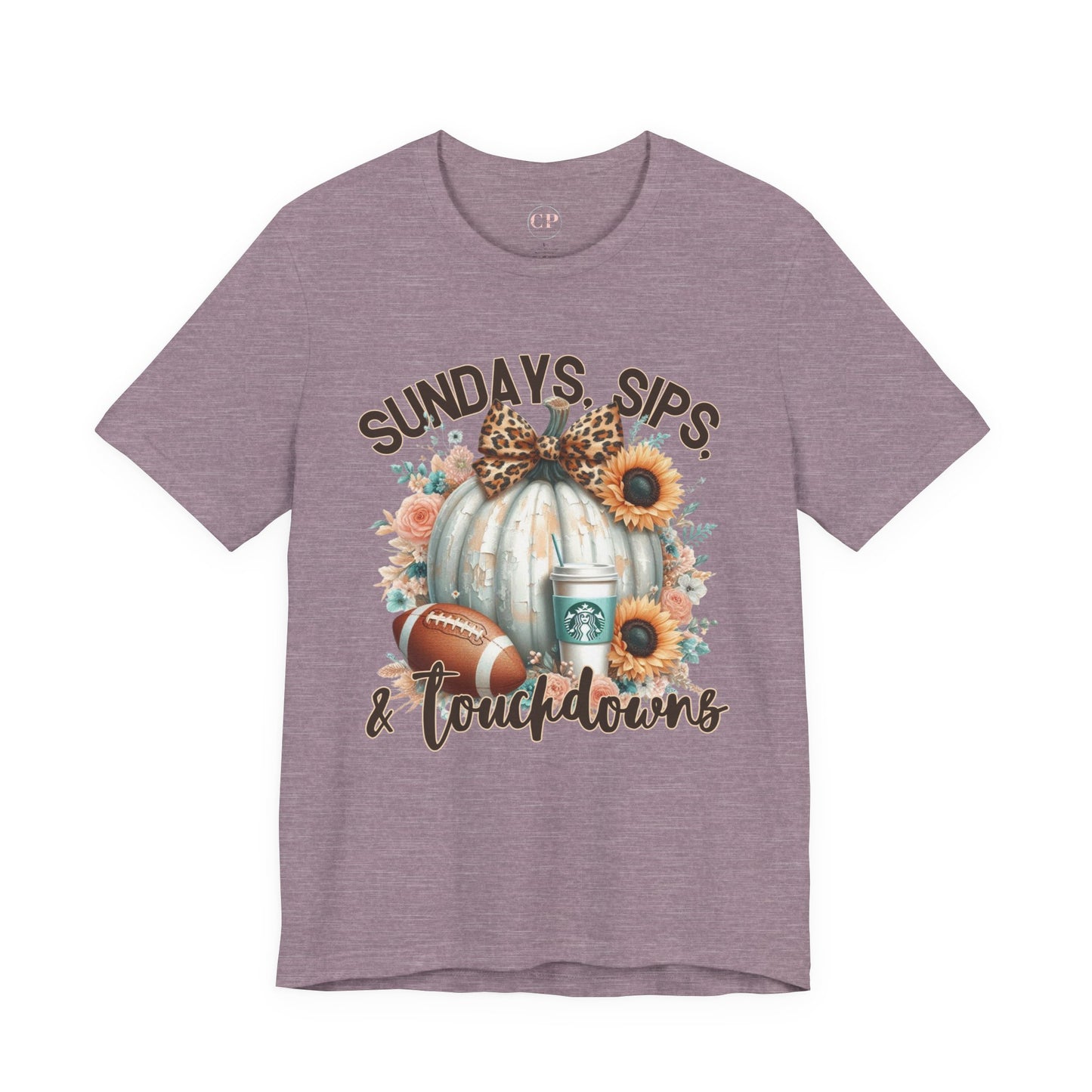 Football Tee - Sundays, Sips, & Touchdowns - Pumpkin, Latte, Sunflowers & Football