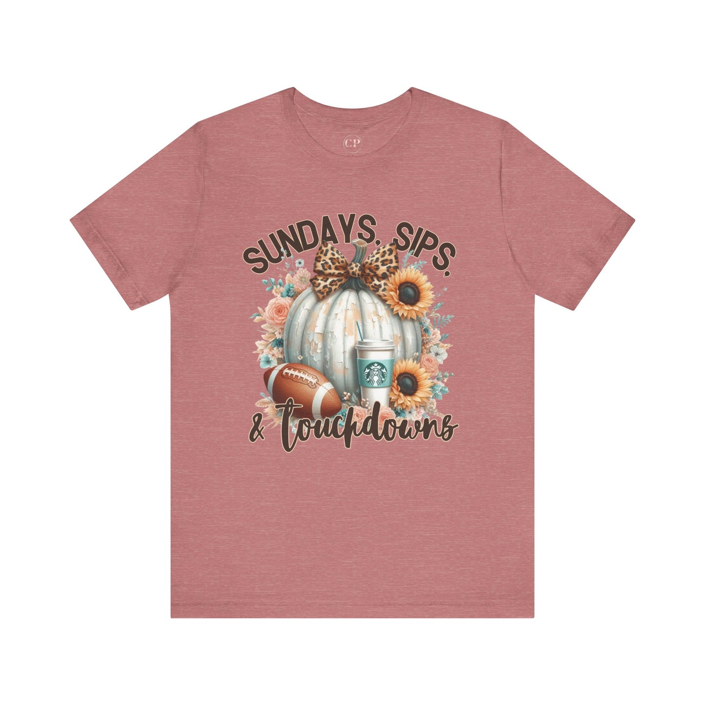 Football Tee - Sundays, Sips, & Touchdowns - Pumpkin, Latte, Sunflowers & Football